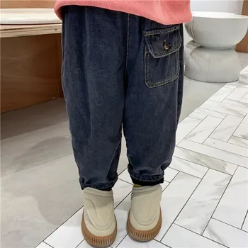 

Kids Jeans Winter Casual Thicken Plus Velvet Trousers for Girls Elastic Waist Toddler Boys Denim Pants Korean Child Harem Pants
