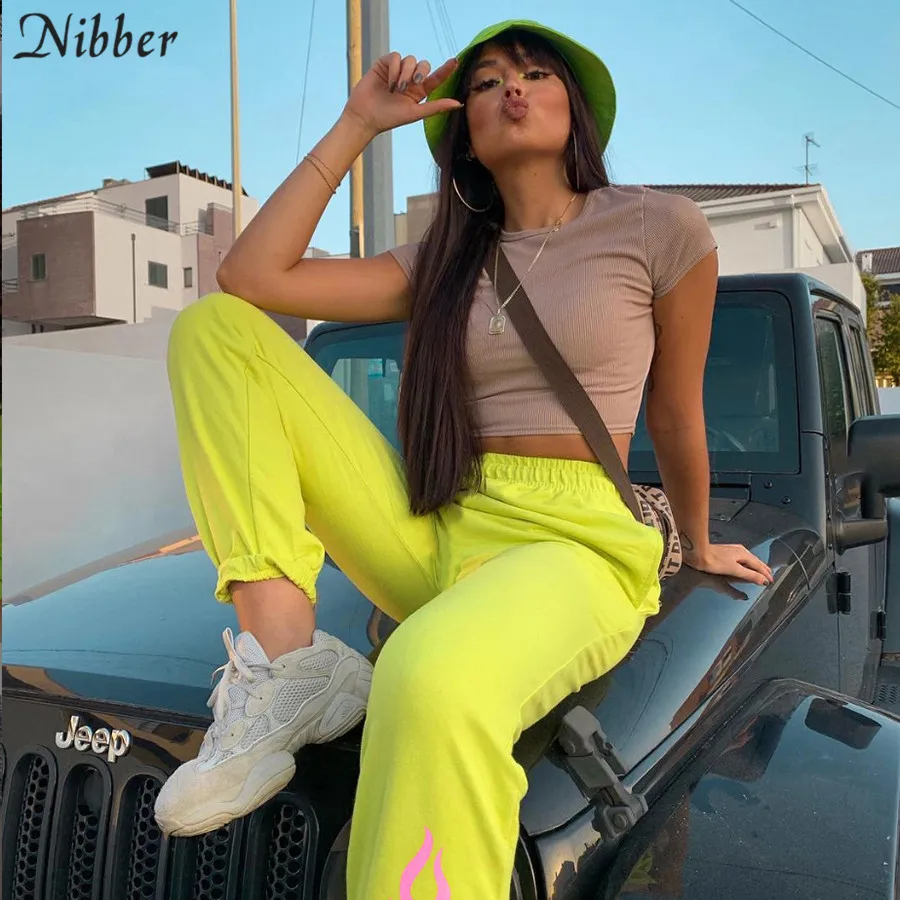 Nibber autumn fashion neon cotton basic Harem pants women Casual Street loose Sportpants Solid printing Active wear mujer