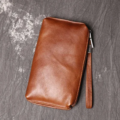 Vintage Brown Дизайнерский мужской клатч из воловьей кожи с высокой вместительностью, Классический мягкий простой дневной клатч на молнии, многофункциональные кошельки-органайзеры - Цвет: Vintage Brown