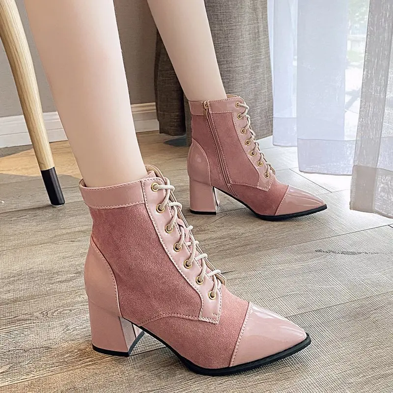

Women Autumn Ankle Boots 2020 Zipper Lace-up Thick High Heel Pointed Toe Shoes Splicing Suede leather female Boots Black