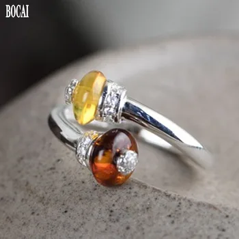 

2020 New real S925 pure silver fashion female ring retro Thai silver amber beads simple adjustable silver ring for woman