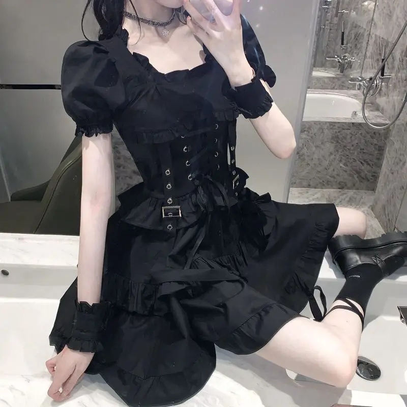 Japanese Harajuku Black Gothic Lolita Dress Vintage Summer Sweet Sexy Lace-Up Punk Dresses Women Square Collar Puff Sleeve Dress