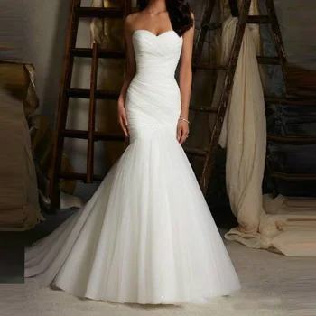

Simple Mermaid Women Wedding Dresses Pleated Ruched Lace Up Corset Bridal Gowns 2021 Retro Robe De Mariee Vestidos De Novia