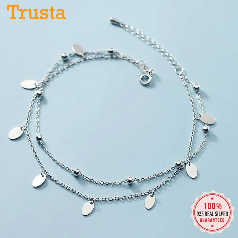 Trustdavis Genuine 925 Sterling Silver Double Layer Beads Chain Elliptical Slices Anklets For Women S925 Birthday Present DA1533 Trustdavis Genuine 925 Sterling Silver Double Layer Beads Chain Elliptical Slices Anklets For Women S925 Birthday Present DA1533