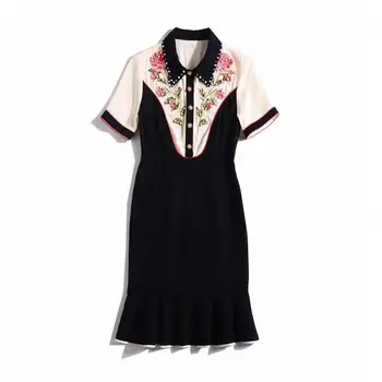 

Spring 2020 for European and American women's wear Short sleeve lapel Fashion embroidered nail beads Fishtail dress