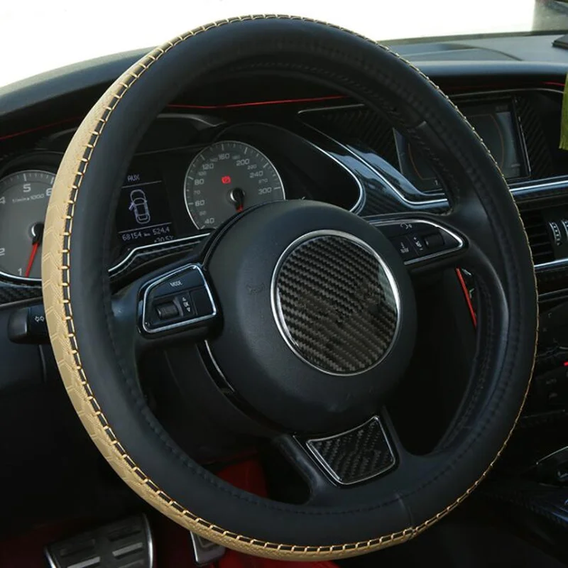 Fashion Embossing Sport Style Contrast Color Non-slip Sweat Good Breathable PU Leatherette 15 Inch Car Steering Wheel Cover - Название цвета: Бежевый