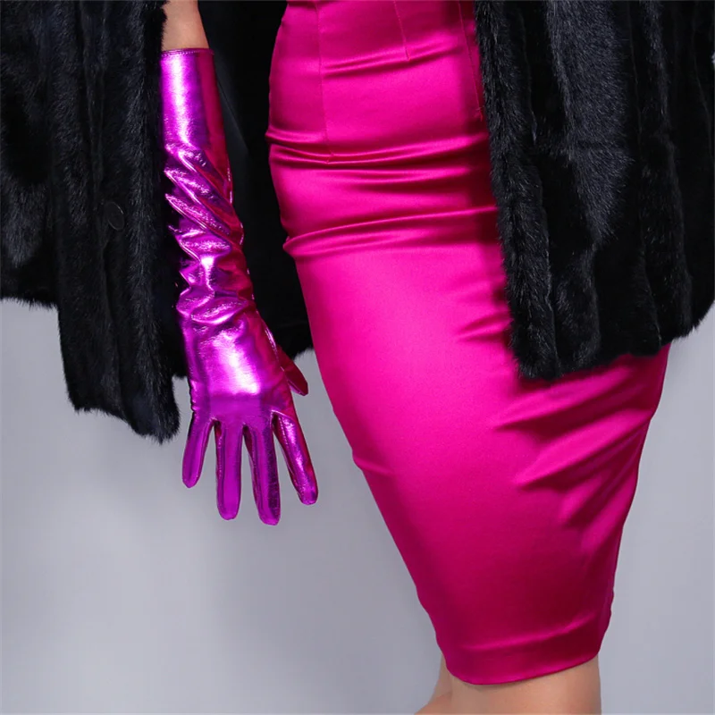 Лакированные кожаные длинные перчатки 60 см длинные секционные налокотники имитация кожи высокая эластичность полиуретановое зеркало ярко Фиолетовый Красный QPZH60