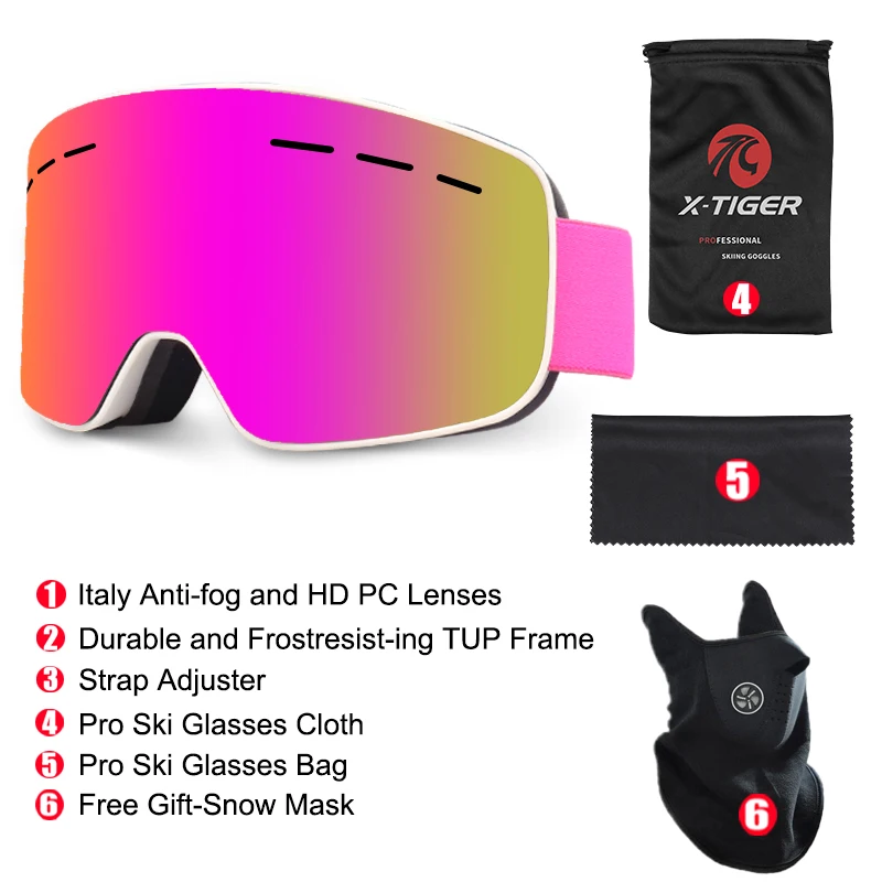 X-TIGER, Брендовые женские лыжные очки, двухслойные, UV400, анти-туман, большая Лыжная маска, очки для катания на лыжах, солнцезащитные очки для мужчин, очки для сноуборда