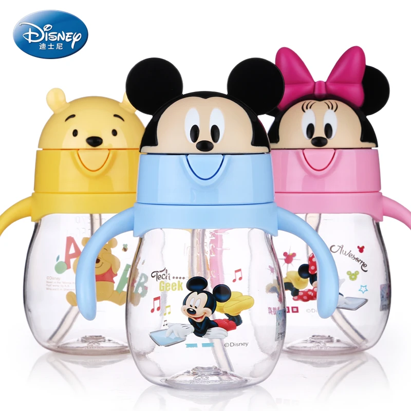 Princesa dos Desenhos Copo do Bebê com Alça e Tampa da Aleta Garrafa de Alimentação Copos de Água Mickey Minnie Winnie Animados Palha Anti-vazamento 270 ml 350