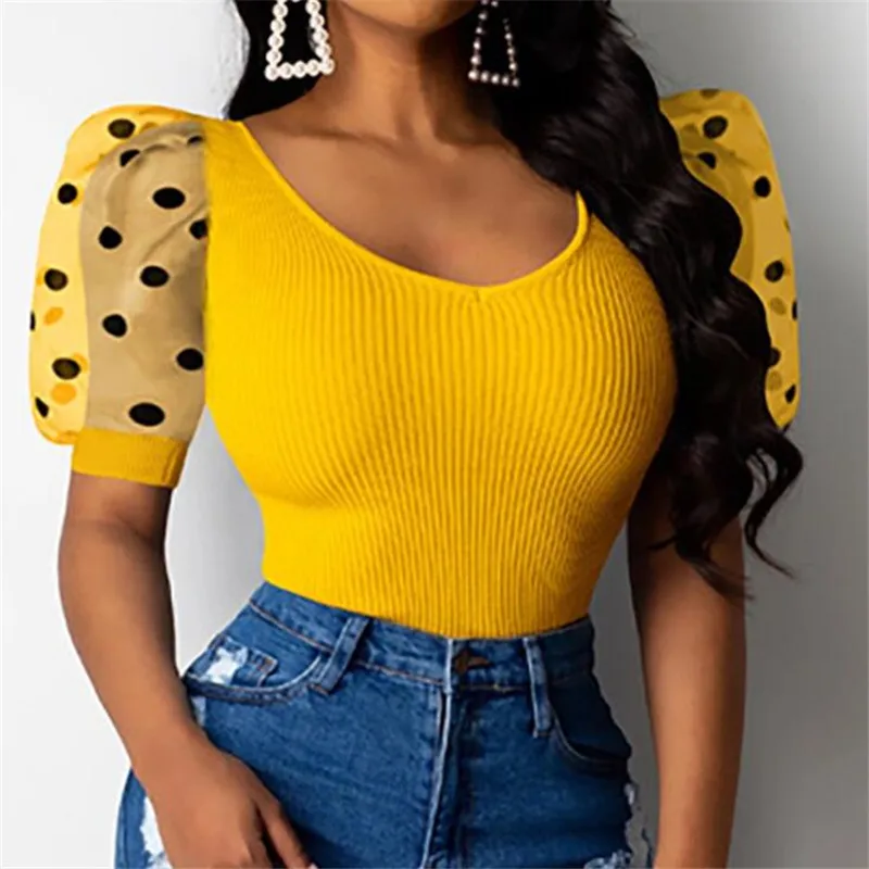 Blusa de malla transparente con mangas abullonadas para verano, camisa acanalada para mujer, camisetas con transparencias, 2020
