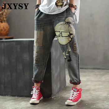 

JXYSY High Waist Jeans Women Fashion Vintage Cartoon Dog Little Girl Print Denim Harem Pants Female Spring Autumn Trousers