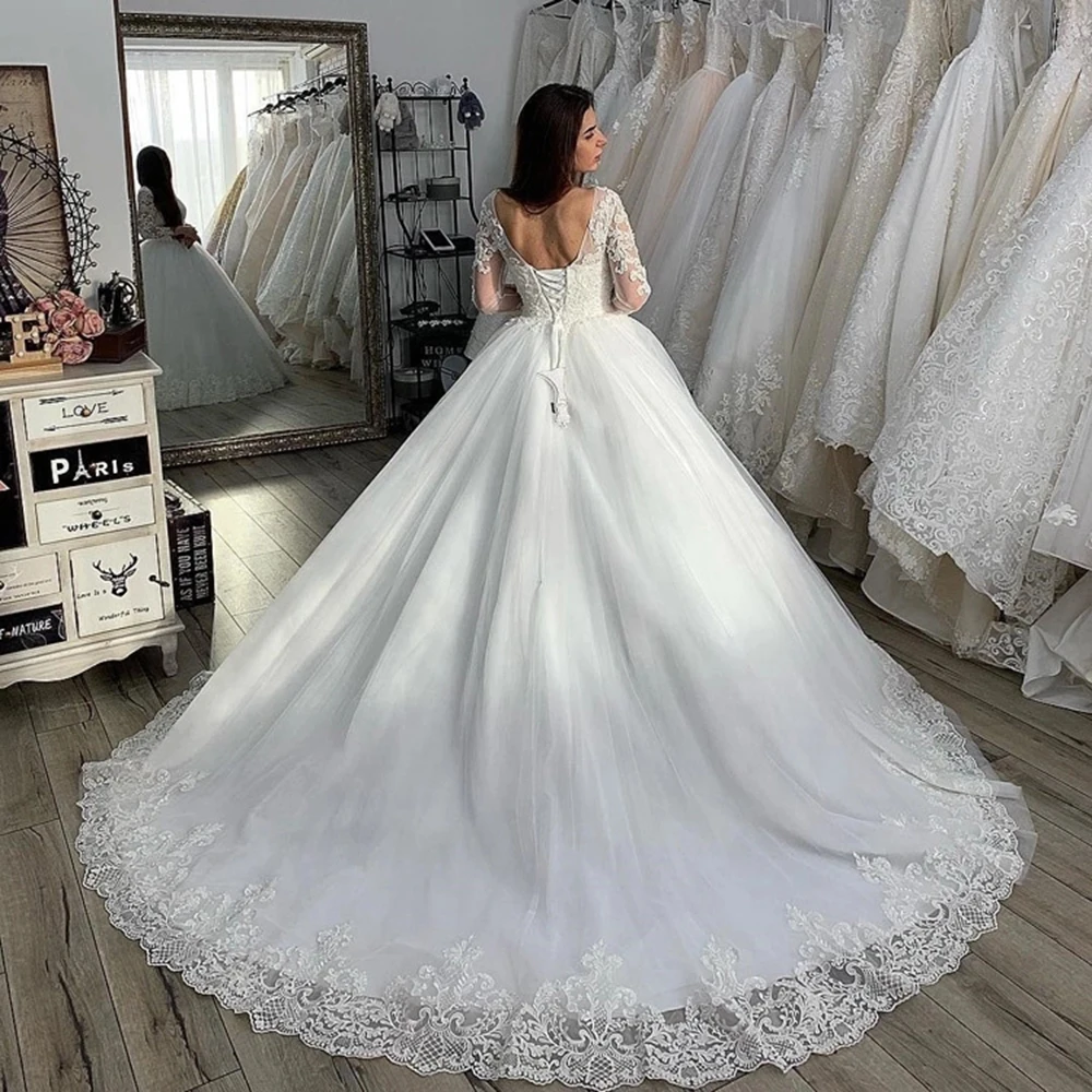

Lace-up Ball Gown Wedding Dress Luxury Appliques Bridal Gowns Robe De Mariee 2019 Long Sleeves Bride Dresses Vestido De Noiva