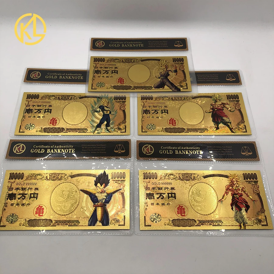 Япония Дракон мультфильм Broli сон Гохан Bejita 10000 Йен Золотая фольга Банкнота с COA рамкой для детей хороший подарок - Цвет: 5pcs set2
