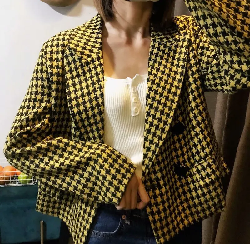 Осенне-зимний короткий Двубортный повседневный костюм с принтом «тысячи птиц», куртка с воротником и длинными рукавами, прямой крой