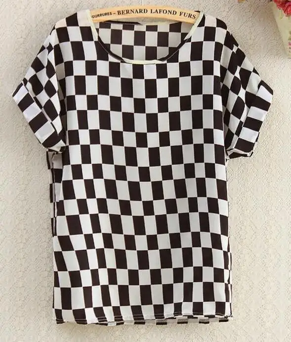 Black white plaid LJCUIYAO женская футболка с перьями шифон женская Повседневная футболка с коротким рукавом Свободная Женская одежда модные летние топы Плюс Размер - Цвет: Black white plaid