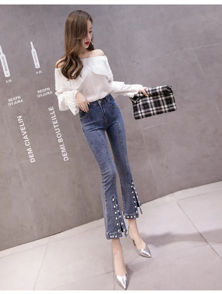 Женские джинсовые брюки, весна-осень, новые модные женские брюки-трубы в Корейском стиле, обтягивающие Стрейчевые джинсы с разрезом бусин и жемчугом, L4398