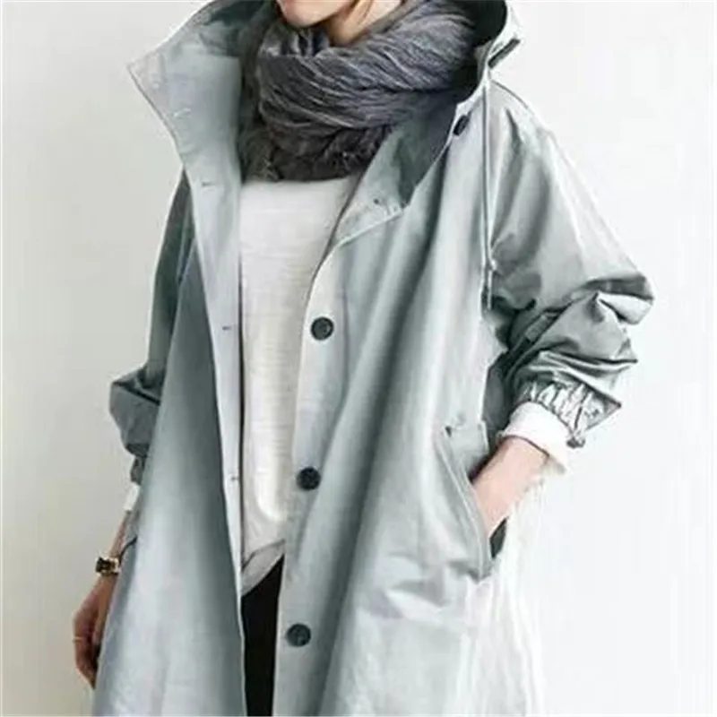 

Женская ветровка большого размера 6XL, пальто средней длины на весну и осень, Корейская Свободная Женская верхняя одежда с капюшоном, тренчкот на подкладке 36