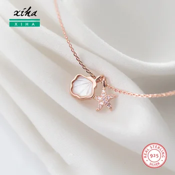 

Rose Gold Color Shell Sea Star CZ Crystal Necklaces for Women Brides 925 Sterling Silver Choker Penant Necklace for Girls Teens