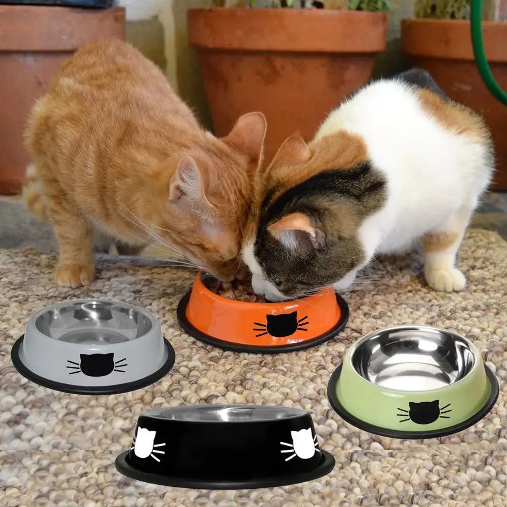 

Stainless Steel Pet Dog Non-slip Food Water Bowl Cats Face Printed Dish Feeder Pet Supplies