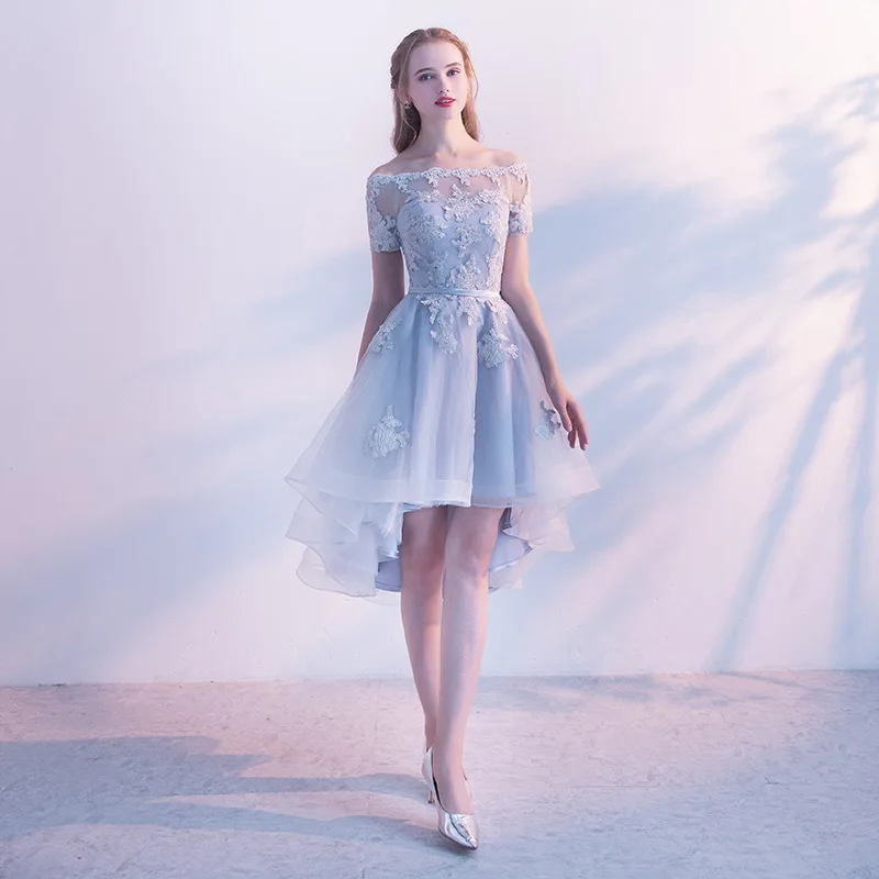 

Prom Gowns Gray Boat Neck Short Sleeve Off The Shoulder Appliques Lace Prom Dresses High and Low Tea Length Formal Dress LX454