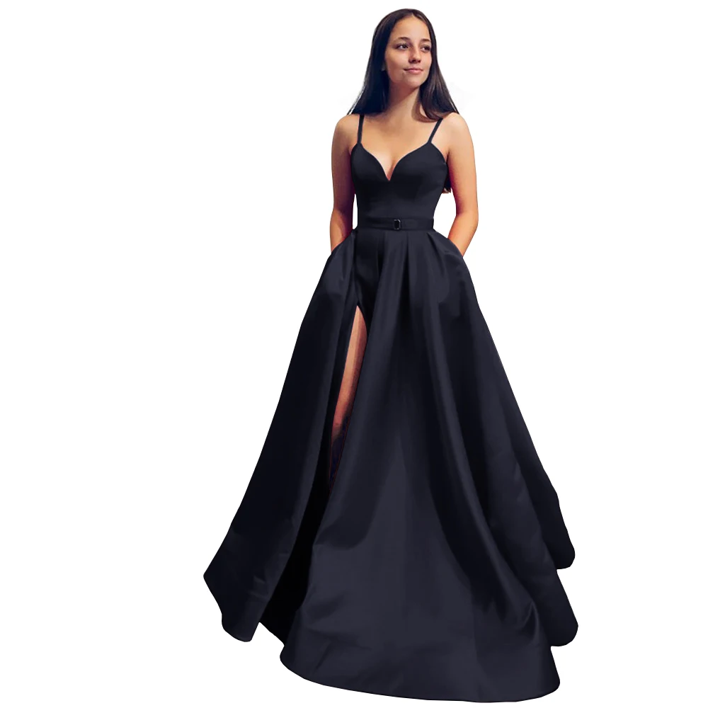 Navy Blue Красное сатиновое платье для выпускного вечера с карманами, ТРАПЕЦИЕВИДНОЕ ПЛАТЬЕ на тонких бретельках с v-образным вырезом, официальное вечернее платье для вечеринки, Robe De Soiree - Цвет: Navy Blue