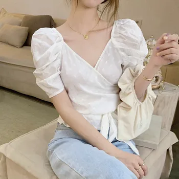 

ZCWXM Vintage Korean Sexy Women Blouses Short Sexy V Neck White Puff Sleeve Bandage Summer Blusas Mujer 2020 Shirts New
