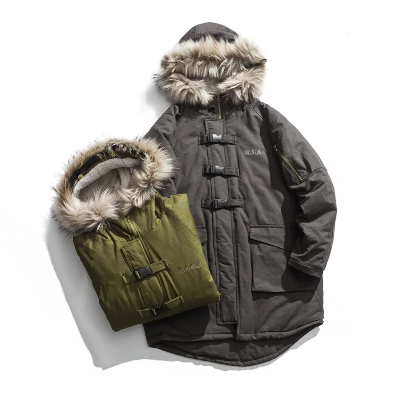 Вертикальные Ze производства 18aw национальные тренды два цвета меховой воротник длинный Военный Стиль Тренч пальто одежда с хлопковой подкладкой