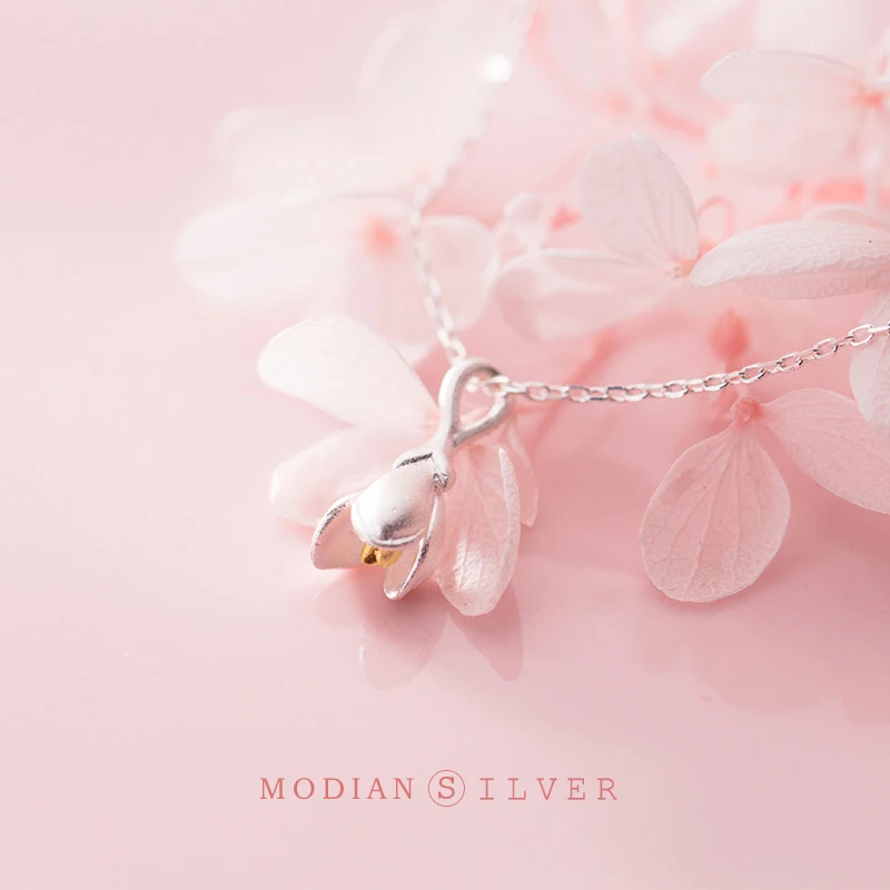 Modian New Simple Blooming Magnolia Flower Pendant Necklace for Women Adjustable Sterling Silver 925 Flora Necklace Fine Jewelry