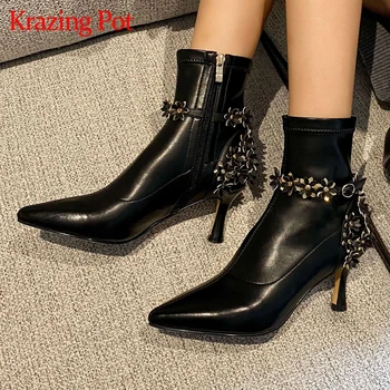 

Krazing pot European style cow leather pointed toe high heel winter shoes flower decoration beauty lady elegant ankle boots L32