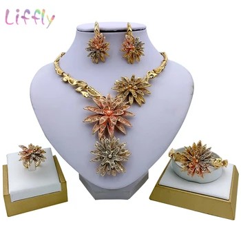 

Liffly Nigerian Elegant Women Fashion Jewelry Sets Flower Necklace Bracelet Party Colorful Earrings Ring Crystal Jewelry Set