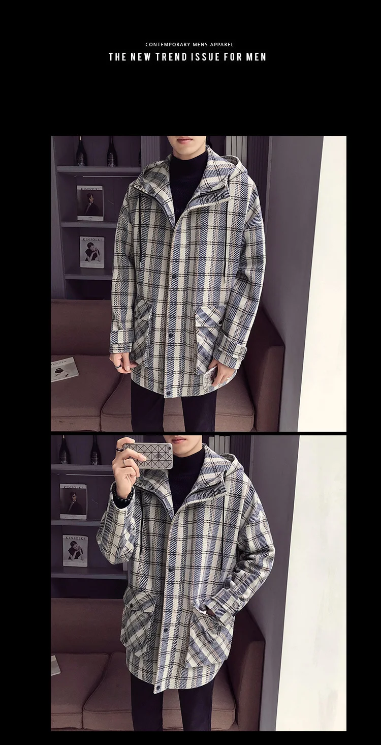 Autumn Plaid Jacket Men's Fashion Casual Retro Hooded Jackets Men Streetwear Loose Bomber Jacket Mens Outwear Large Size M-5XL