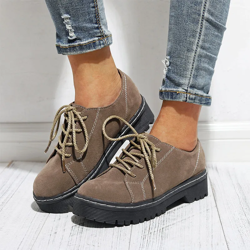 

Women Lace Up Pumps Low Square Heels Casual Shoes Ladies Sewing Comfort Round Toe Fashion Autumn Female Footwear New