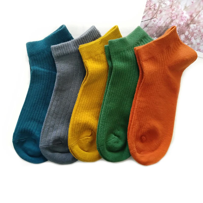 5 пар, однотонные короткие носки, хлопковые, мягкие, невидимые, дышащие, короткие носки, женские, забавные носки, чулочно-носочные изделия
