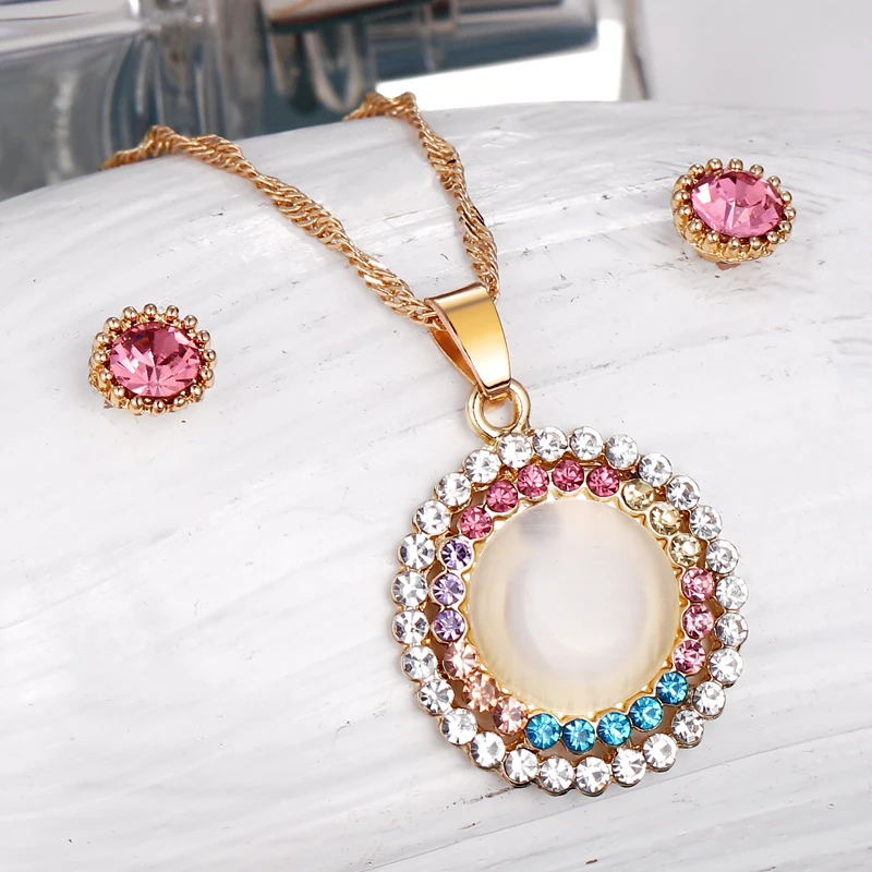 2020 Opal Stone Jewelry Sets Gold Color Round Pendant Necklace + Stud Earrings For Women Wedding Bridal Gift | Украшения и