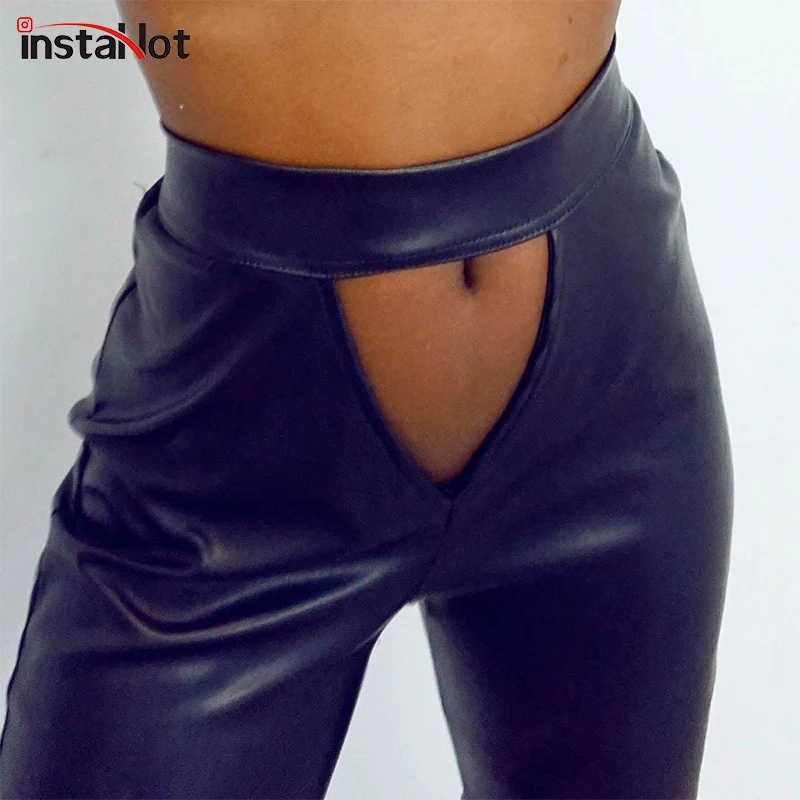 InstaHot Черный выдалбливают Искусственная кожа женские брюки-карандаш из искусственной кожи Для женщин с эластичной резинкой на талии, Хай-стрит осень повседневные штаны одноцветные узкие брюки