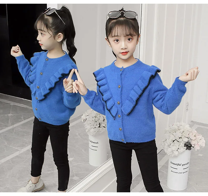 Ruffles Patchwork Knit Kids Coats Clothing Teenage Girls Long Sleeve O-neck Knitting Jackets Children Winter Autumn Coats