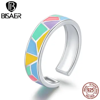

BISAER Ring 925 Sterling Silver Colorful Geometric Adjustable Open Finger Rings For Women Original Fine Jewelry Gift GAR126
