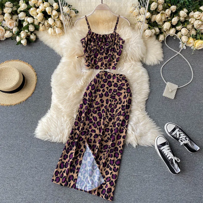 SINGRAIN Women Autumn Fashion Retro Leopard Set Sexy Sleeveless Strap Short Tops+High Waist Split Long Skirt Two Pieces |