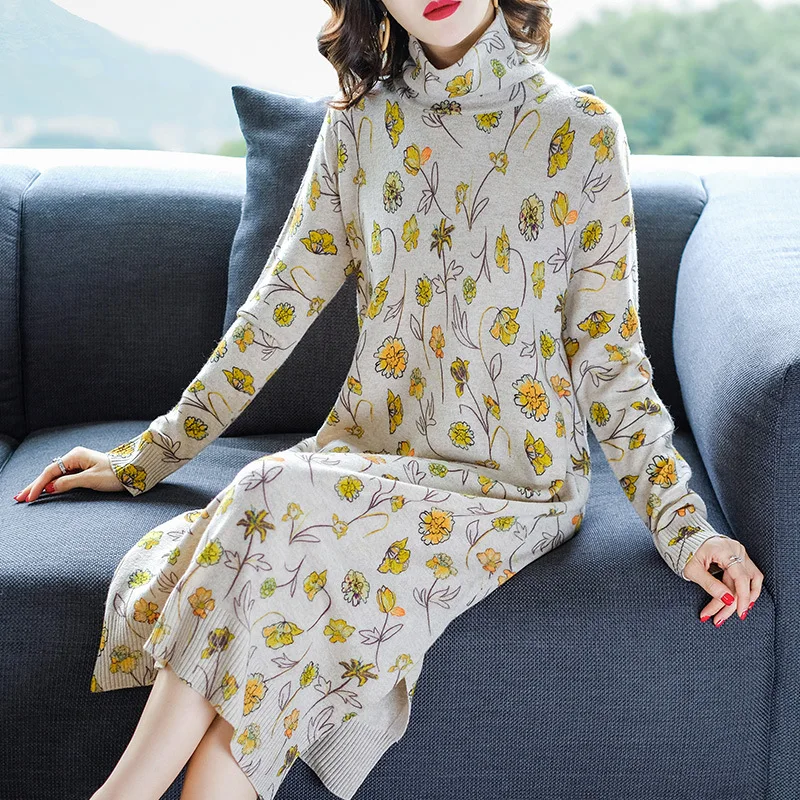 Herfst 2019 de nieuwe Koreaanse versie van mid-lengte gedrukt pure wol kasjmier trui jurk casual losse gebreide trui jurken Herfst 2019 de nieuwe Koreaanse versie van mid-lengte gedrukt pure wol kasjmier trui jurk casual losse gebreide trui jurken