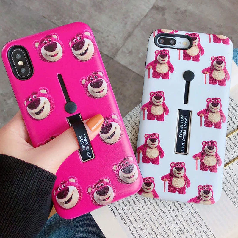 

Cute Cartoon Strawberry Bear Mickey Minnie Stand Cover for iPhone 11 Pro XS Max X XR 7 8 Plus Hide Loop Finger Ring Holder Case
