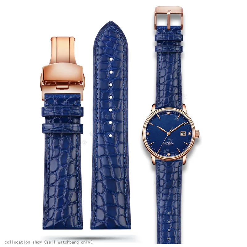 For any luxurious wristband high quality Crocodile strap Soft Blue leather watchband Butterfly Clasp 18 20mm 22mm Men Wrist Band | Наручные