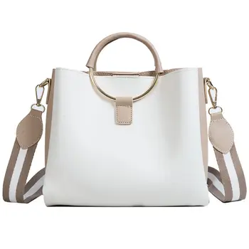 

CHISPAULO Women PU Contrast Metal Ring Portable Fashion Trend Temperament Large Capacity Shoulder Messenger Bag Wide Strap