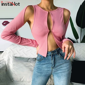 

InstaHot Hollow Out Sexy T-shirt Long Sleeve Women Spring Cropped Top Ladies Casual Streetwear Pink Tee Top Cardigans Hole Top