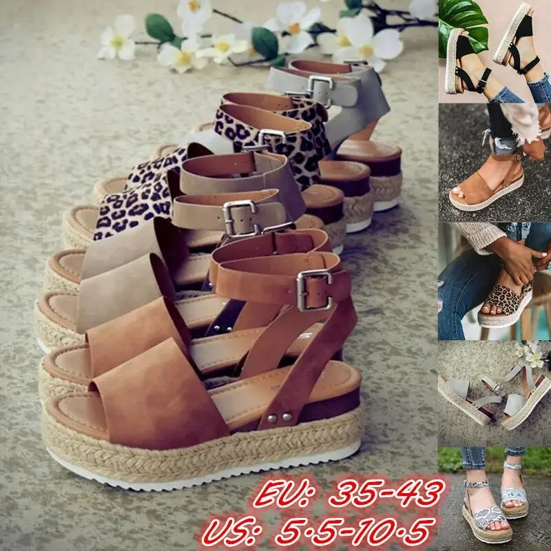 Summer Sandals Women Wedges Platform Ladies Hemp Shoes Ladies Leopard Color Casual Girls Slip on Strap Cross Girls Plus Size