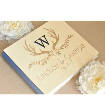 

personalize Modern Wood Photo Album Rustic cutom Family Photoalbum landscape Blush Pink Wedding Keepsake Guestbook Deer Horn