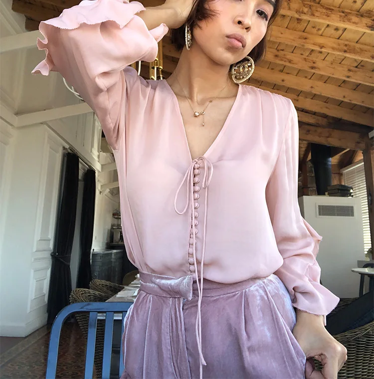 Ladies Silk Solid Pink/Lake Green V Neck Long Ruffle Sleeve Self Tie Drawstring Top With Button Closure Detail