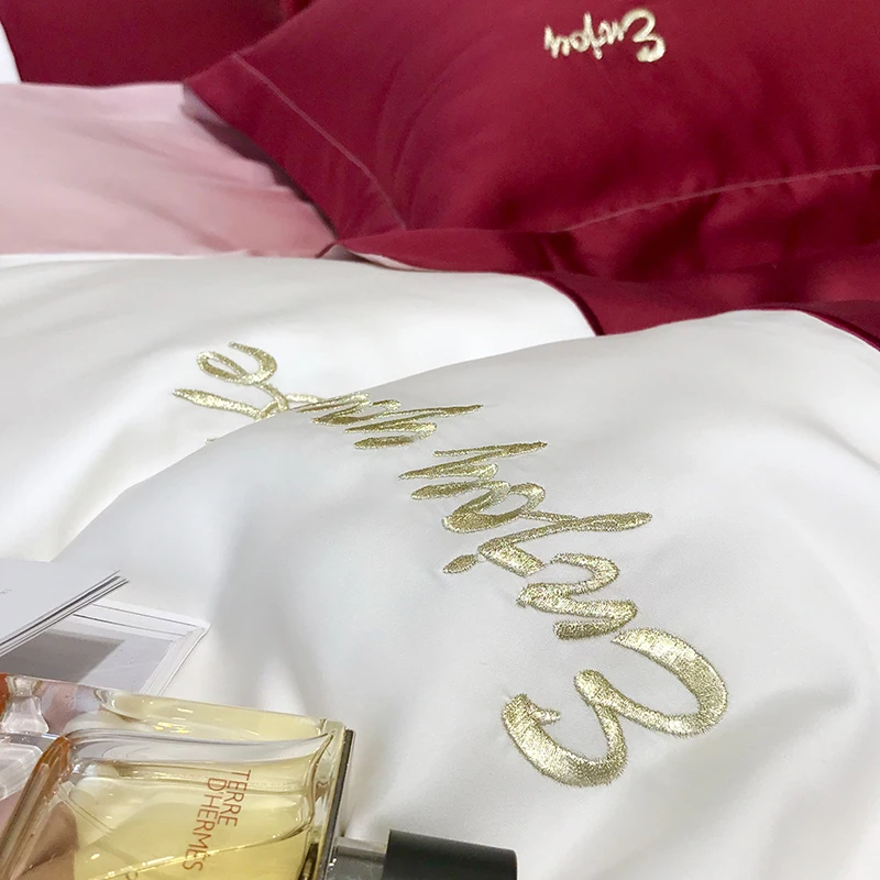 Роскошный высококачественный мягкий набор постельного белья с вышивкой из тенселя, 4 шт. пододеяльник, гладкая простынь, комплекты, постельное белье и наволочки, размер king queen# a