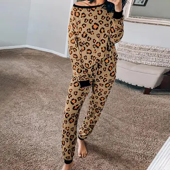

Leopard Women's Home Suit Loose Pajama Sets Autumn Female Sleepwear Warm Soft Print Homesuit Casual Lady Long Pant Lounge Set