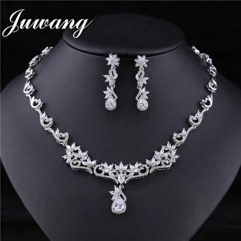 

JUWANG Luxury Bridal Jewelry Sets for Woman Clear Big Rhinestone Water Drop Wedding Necklace Set Bisuteria Jewellery 2019