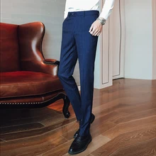 Модные Для мужчин костюм в полоску брюки темно-синие серые тёмно-серый Slim Fit Для мужчин Бизнес штаны Размеры 29, 30, 33, 34, 36, 38, 40, повседневные мужские брюки